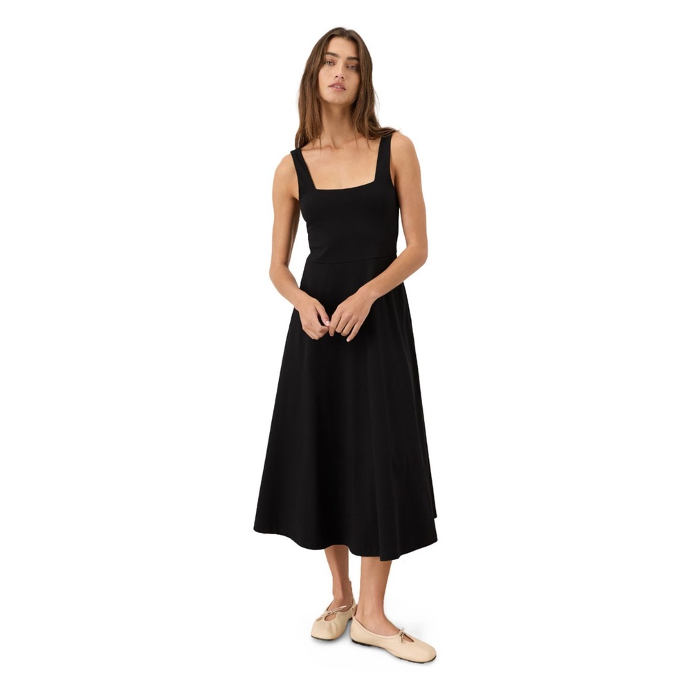 Pact Organic Cotton Fit & Flare Square Neck Midi Dress Black Small Classic